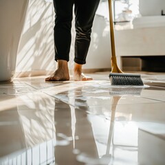 Woman barefoot mopping shiny floor, cleaning house.