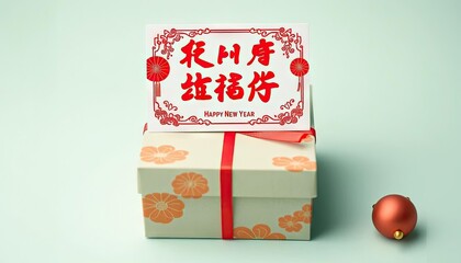 Gift box with Chinese New Year wishes on a light background