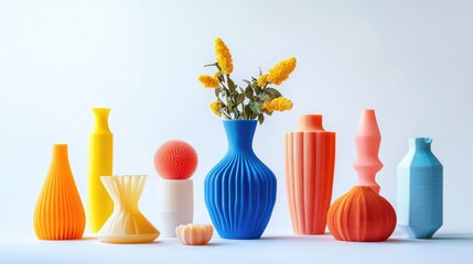 Modern 3D Printing: Blue Vase and Vibrant Objects on a Clean Background