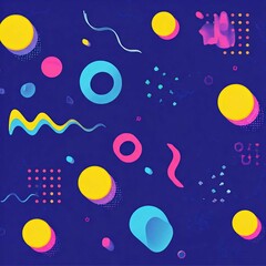 A playful Memphis-style background with colorful shapes, wavy lines, and dots in bright yellow, pink, and blue.