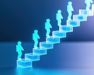 economic windfall growth capital Concept. Digital silhouettes ascending a glowing staircase symbolize progress and growth.