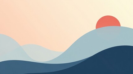 Serene Sunset Over Rolling Hills A Minimalist Landscape Illustration Featuring Soft Hues of Blue and Peach