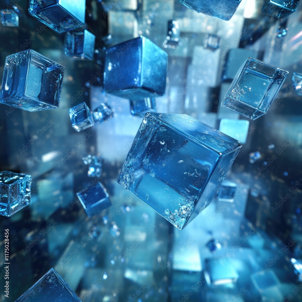 Poster futuristic 3d blue cubes: floating with dynamic composition
