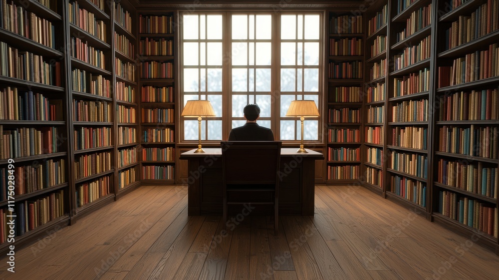 Aufkleber man sitting at desk in grand library with bookshelves and window view
