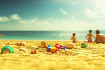 Obraz premium A beach scene with toys and children enjoying the sun and sea.