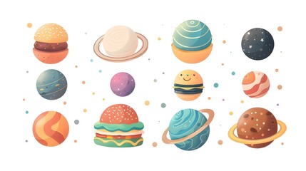 Vibrant Cosmic with Assortment of Cartoon Style Planets and Celestial Objects