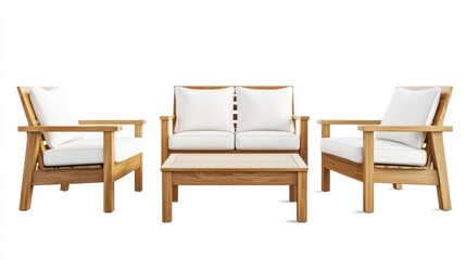Fototapeta premium Elegant Teak Wood Patio Furniture Set with White Cushions