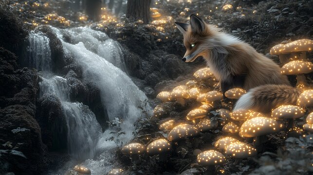 Red fox sits amidst glowing mushrooms near a waterfall in a mystical forest.