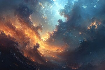 Obraz premium Fiery Celestial Waves Crashing in a Cosmic Sea