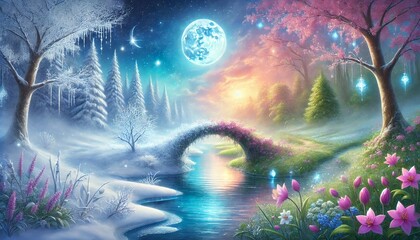 Fototapeta premium A serene horizontal fantasy painting that gently captures the enchanting transition from a tranquil winter to a vibrant spring landscape