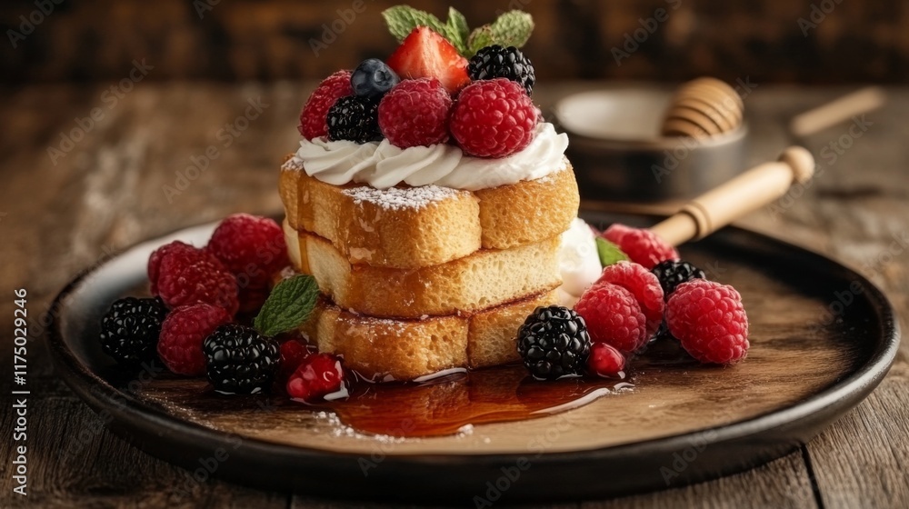 Poster A rustic presentation of honey toast served with a side of whipped cream and fresh berries, placed on a wooden table with a small honey dipper for a cozy touch.