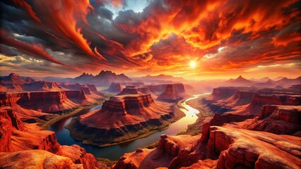 Panoramic View of Crimson Continents, Surreal Landscape, Fantasy World, Red Planet