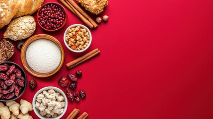 Fototapeta premium Colorful Assortment of Dried Fruits and Nuts on Red Background