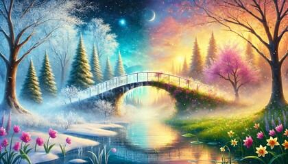 Obraz premium A serene horizontal fantasy painting capturing the magical transition from winter's frosted landscape to spring's vibrant bloom along a glowing bridge