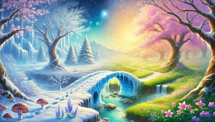 A serene horizontal fantasy painting depicting the gentle transition from winter's icy stillness to spring's vibrant bloom, showcasing a magical bridge uniting two contrasting worlds