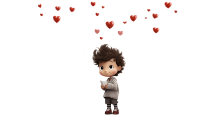 Cute Boy with Red Hearts, Valentine's Day Illustration, studio view, isolated on transparent background.