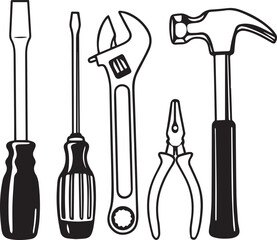 Black and white line art Silhouette  working tools vector doodle art in white background