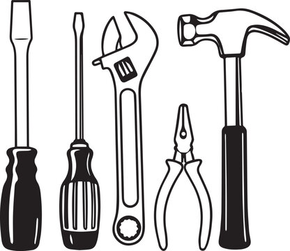 Black and white line art Silhouette  working tools vector doodle art in white background