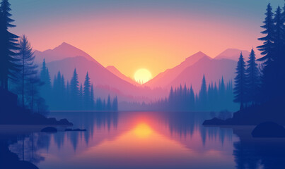 Fototapeta premium Serene lake surrounded by trees and mountains