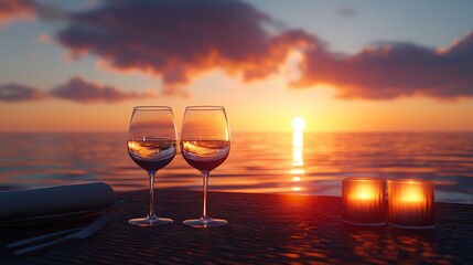 Romantic sunset dinner with wine glasses and candles by the sea.