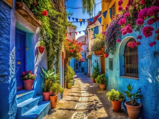 Deep focus captures Chefchaouen's azure beauty; vibrant street life in sharp relief.