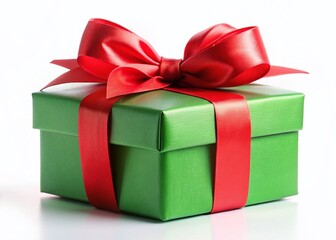 Obraz premium Green Gift Box with Red Ribbon Bow on White Background - Perfect for Holiday or Birthday Presents