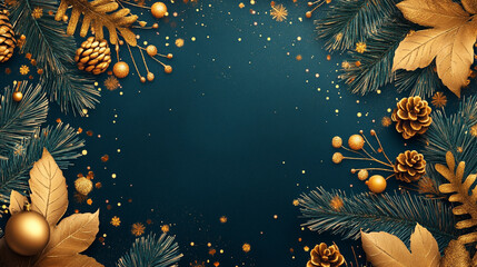 Obraz premium Tropical leaves and flowers, vibrant colors, flat design, bold shapes, Autumn leaves and nuts arranged artistically on a textured blue surface for seasonal decoration