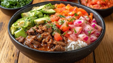 Delicious Vibrant Bowl of Rice with Fresh Vegetables and Beef
