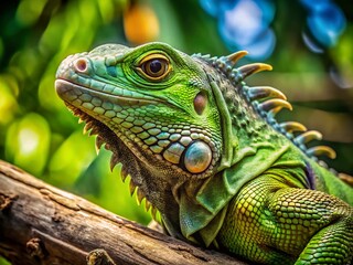 Fototapeta premium Green Iguana Perched on Tree Branch - Exotic Reptile Portrait Photography
