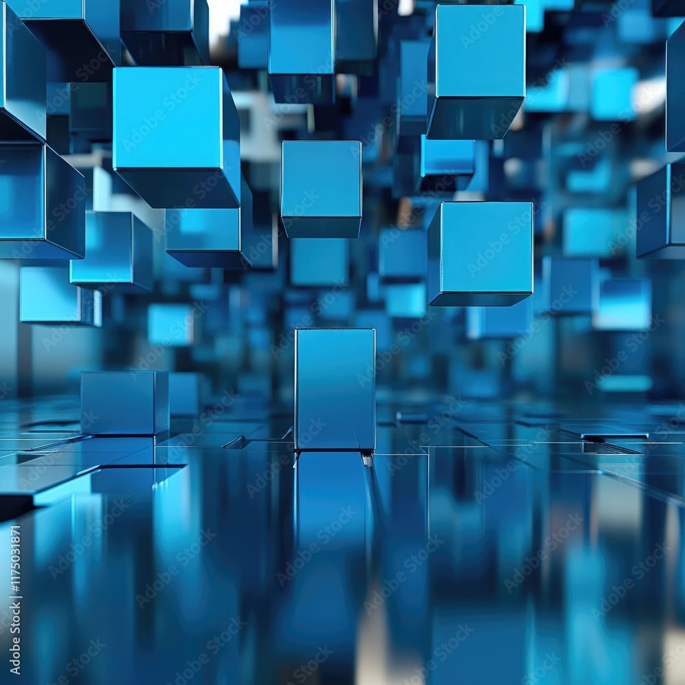 Poster futuristic floating blue cubes with unique textures and reflections