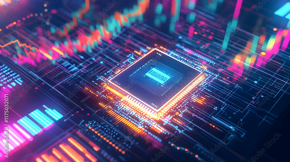 Poster a glowing ai chip embedded in a business portfolio, surrounded by vibrant financial graphs and abstr
