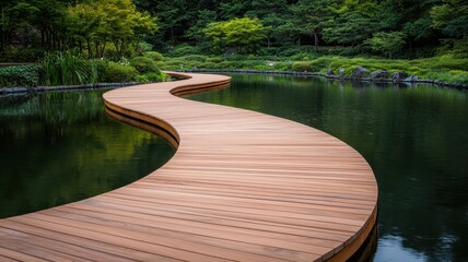 Fototapeta premium Serpentine Wooden Walkway Over Pond in Lush Green Garden Landscape