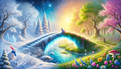Obraz premium A serene and enchanting painting of a bridge connecting a frozen winter landscape with a blooming spring meadow, illustrating the magical transition of seasons in a pastel color palette