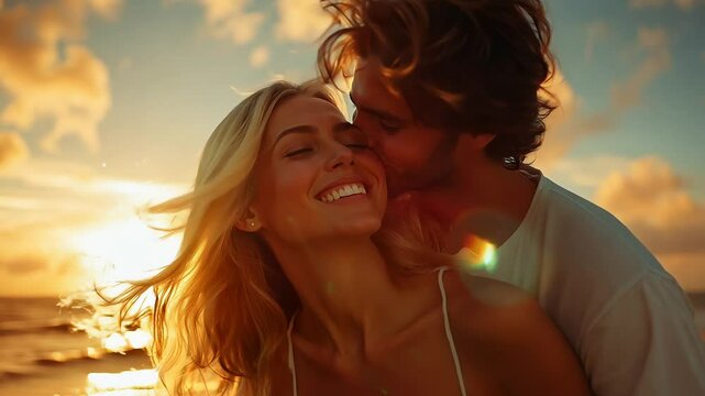Couple, love and sunshine with happiness, adventure and romance. A man hoding a woman with vacation, getaway trip or summer with honeymoon or retreat.