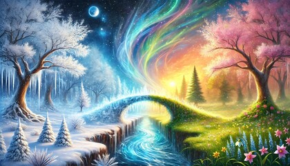 A serene and magical horizontal fantasy painting depicting the transition between winter and spring, showcasing a symbolic icy bridge leading to blooming meadows under a pastel-hued sky