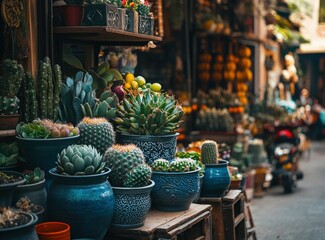 Fototapeta premium Cacti in pots of different sizes and types on display at the flower market. Cacti for sale. Background with various cactus plants, succulents, and other desert vegetation. 