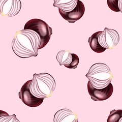 Hand drawn set of designs and patterns. Semi realistic illustrations. Illustrations of red onions for poster, prints, menu, card or textile
