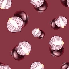Hand drawn set of designs and patterns. Semi realistic illustrations. Illustrations of red onions for poster, prints, menu, card or textile