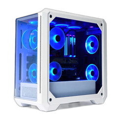 Illuminated PC Case, Gaming Setup, Blue LEDs, Components Visible, Technology Showcase.