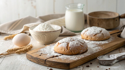 Naklejka premium Freshly baked bread rolls with flour and eggs
