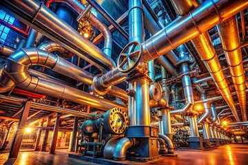 Panoramic View of Industrial Boiler Room Pipes and Valves