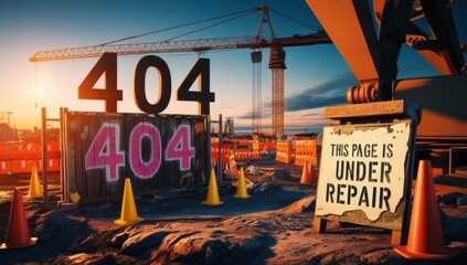 404 error page construction site under repair with an industrial fence, orange cones, and warning sign. Ideal for websites undergoing maintenance, tech platforms