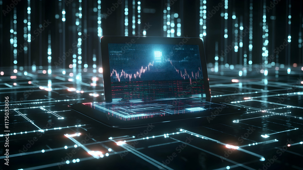 Poster a glowing futuristic tablet projecting ai-driven stock market analysis, surrounded by abstract light