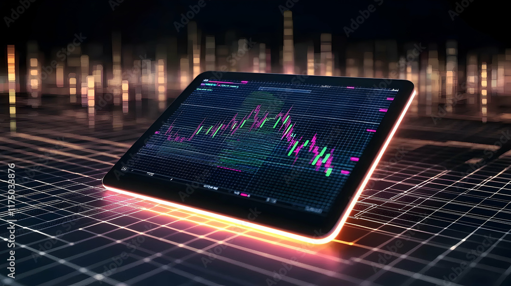 Poster a glowing futuristic tablet projecting ai-driven stock market analysis, surrounded by abstract light