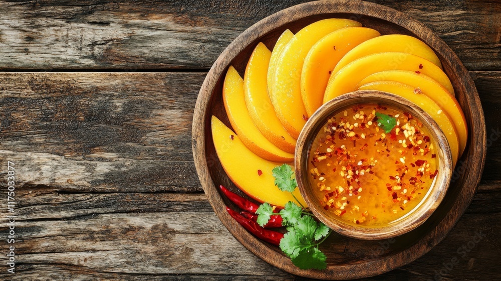 Aufkleber a rustic wooden table with a plate of sliced sour mangoes and a bowl of sweet fish sauce, garnished 