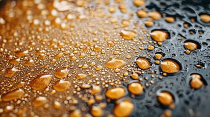 Abstract Macro Photography Golden and Dark Water Droplets on a Surface