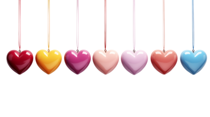Seven Colorful Hanging Hearts, Valentine's Day, Love, Romance, studio view, isolated on transparent background.