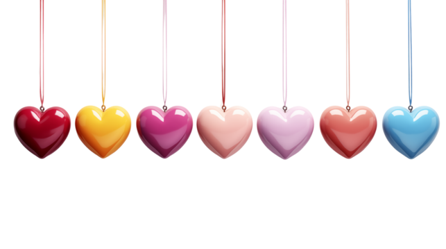 Seven Colorful Hanging Hearts, Valentine's Day, Love, Romance, studio view, isolated on transparent background. - Powered by Adobe