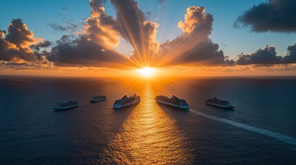 The serene coastal horizon as cruise ships embark on journeys during a vibrant sunrise