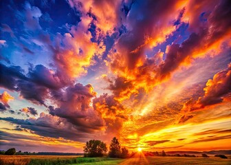 Obraz premium Dramatic sunset sky: vibrant clouds ignite the landscape in golden hour's fiery embrace.